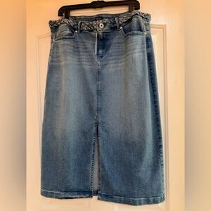 NWT J.Jill Denim Skirt Midi Braided Waistband Blue Jean Front Slit Stretch, 16
